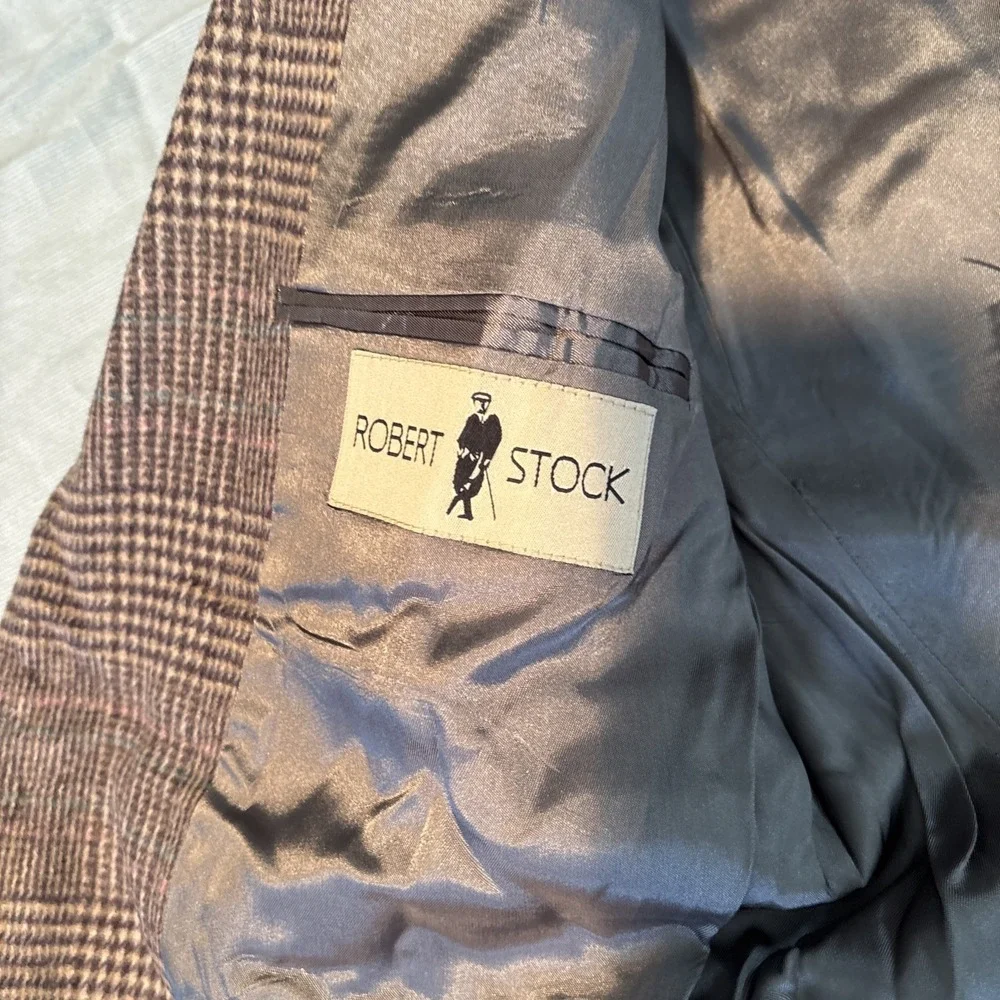 Robert Stock Mens Glen Plaid Tweed Blazer  Wool Sportcoat, Beige Jacket